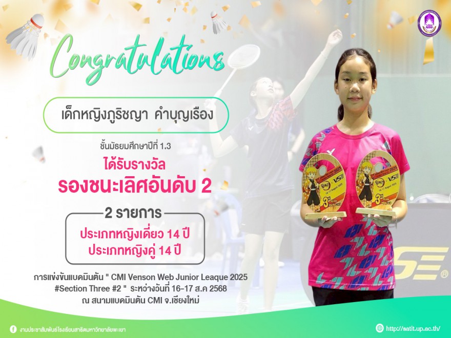 ขอแสดงความยินดีกับ เด็กหญิงภูริชญา  คำบุญเรือง ม.1.3 การแข่งขันแบดมินตัน