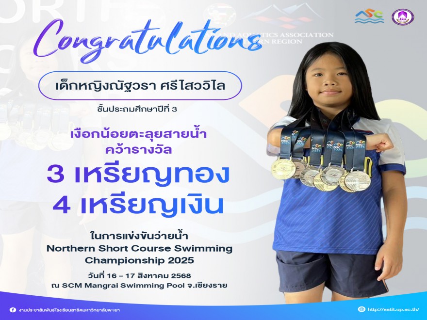 ขอแสดงความยินดี  เด็กหญิงณัฐวรา ศรีไสววิไล การแข่งขันว่ายน้ำ